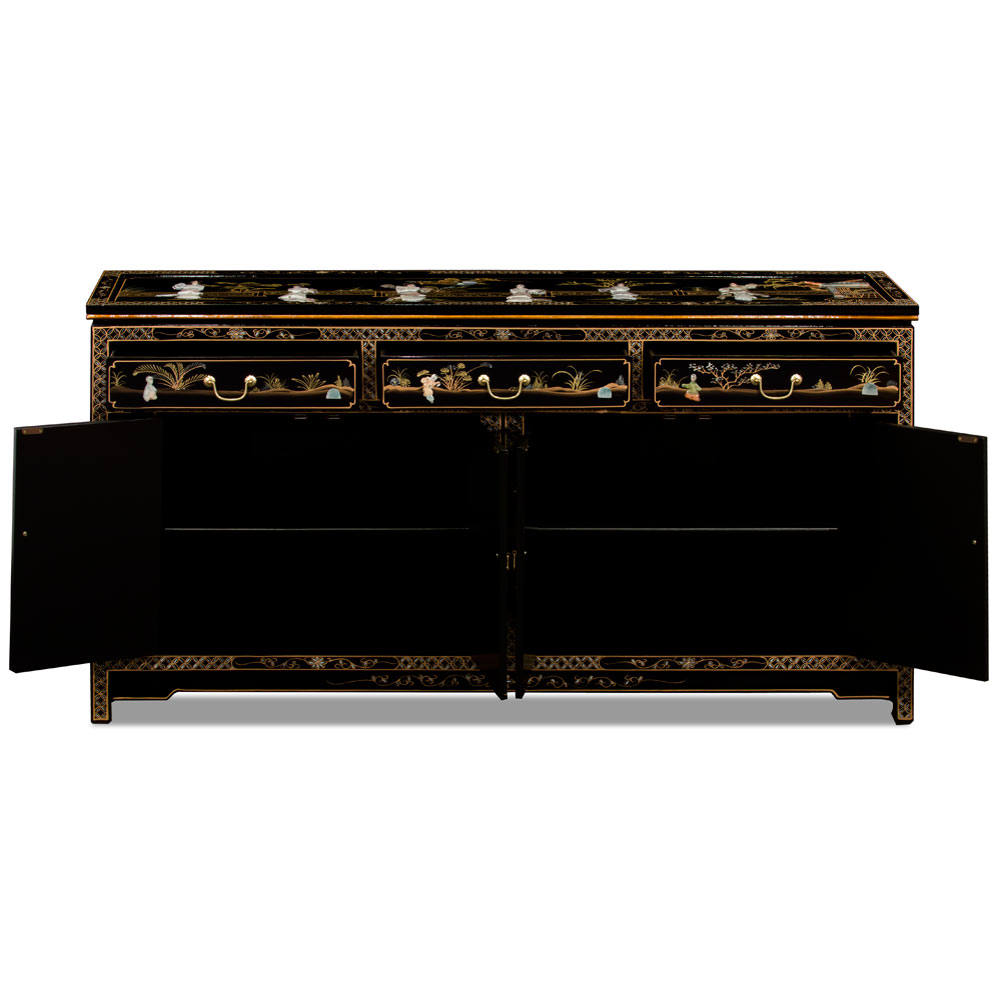 66in Black Lacquer Mother of Pearl Asian Sideboard