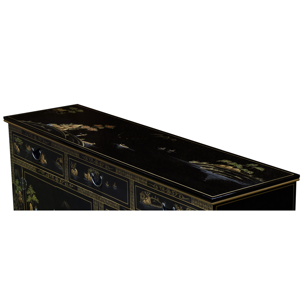 Black Lacquer Chinoiserie Scenery Motif Oriental Sideboard