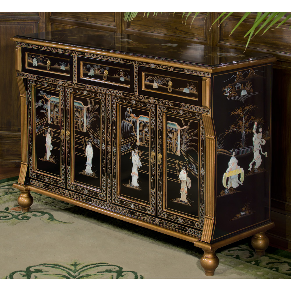 Gold Trim Black Lacquer Mother of Pearl Oriental Sideboard