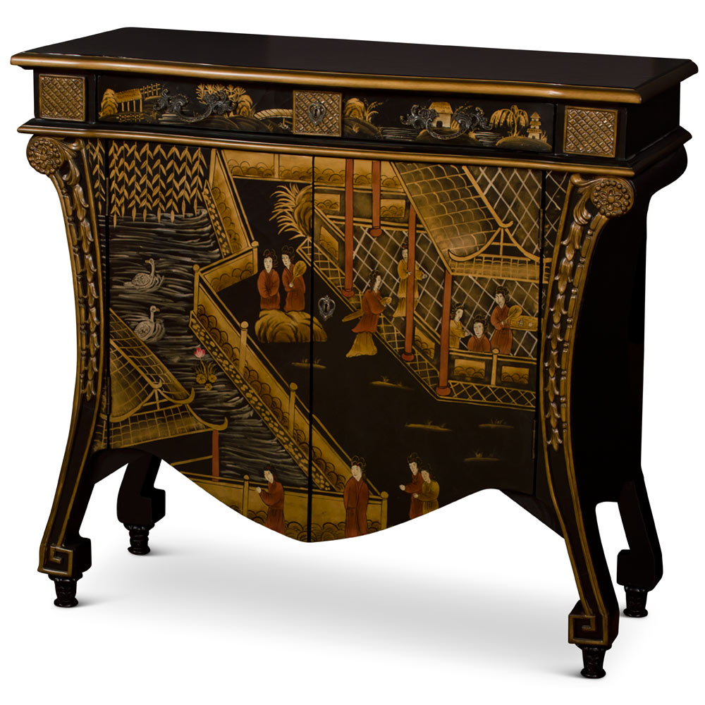 Black Crackle Chinoiserie Courtyard French Motif Oriental Commode