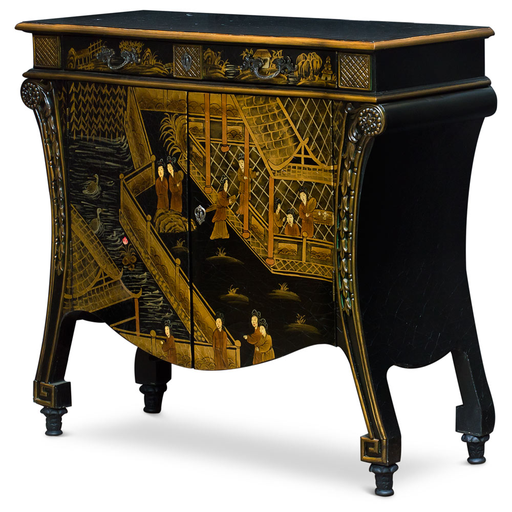 Black Crackle Chinoiserie Courtyard French Motif Oriental Commode