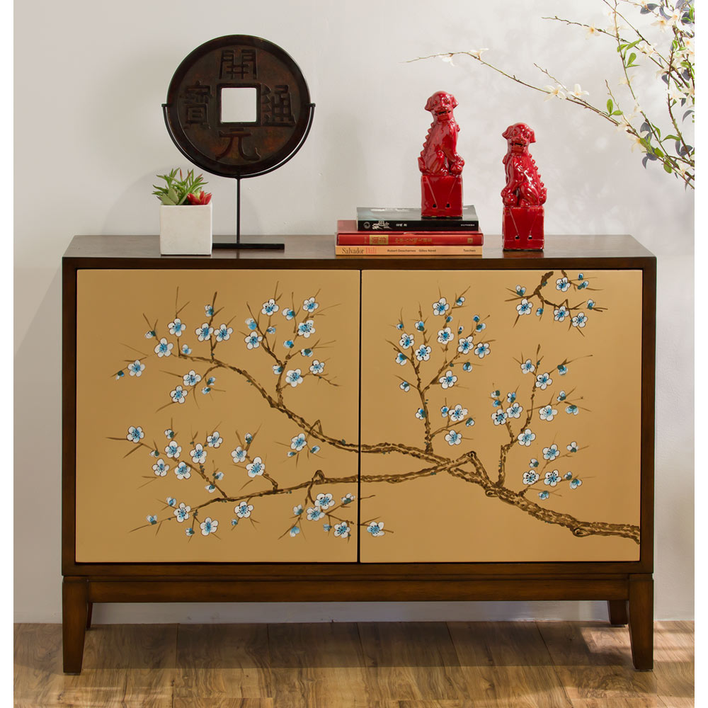 Gold Cherry Blossom Motif Two Door Oriental Cabinet