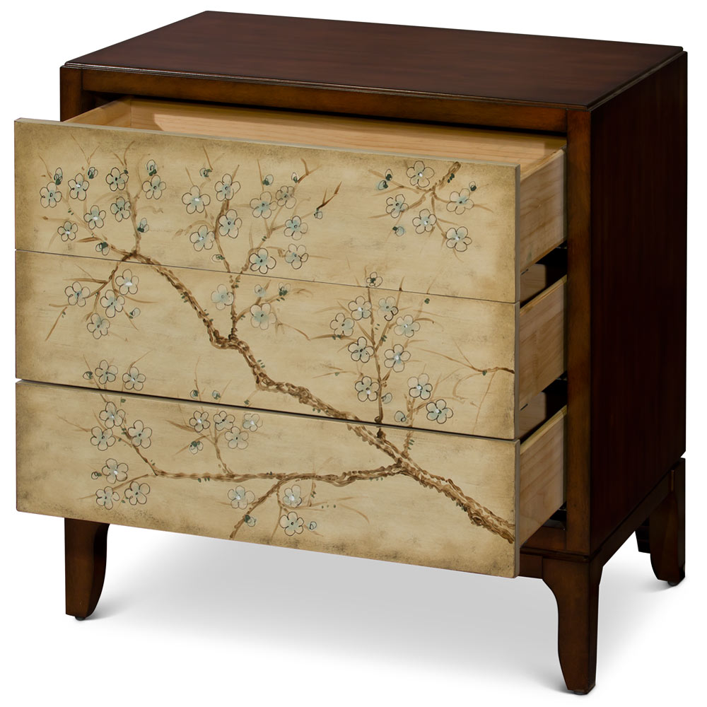 Hand Painted Cherry Blossom Motif Oriental Chest of Three Drawers
