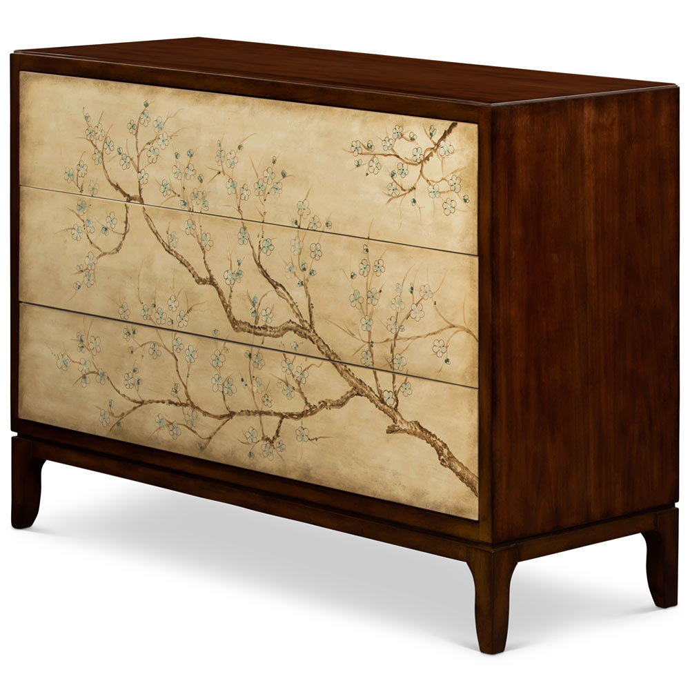 50in Hand Painted Cherry Blossom Motif Oriental Chest of Three Drawers