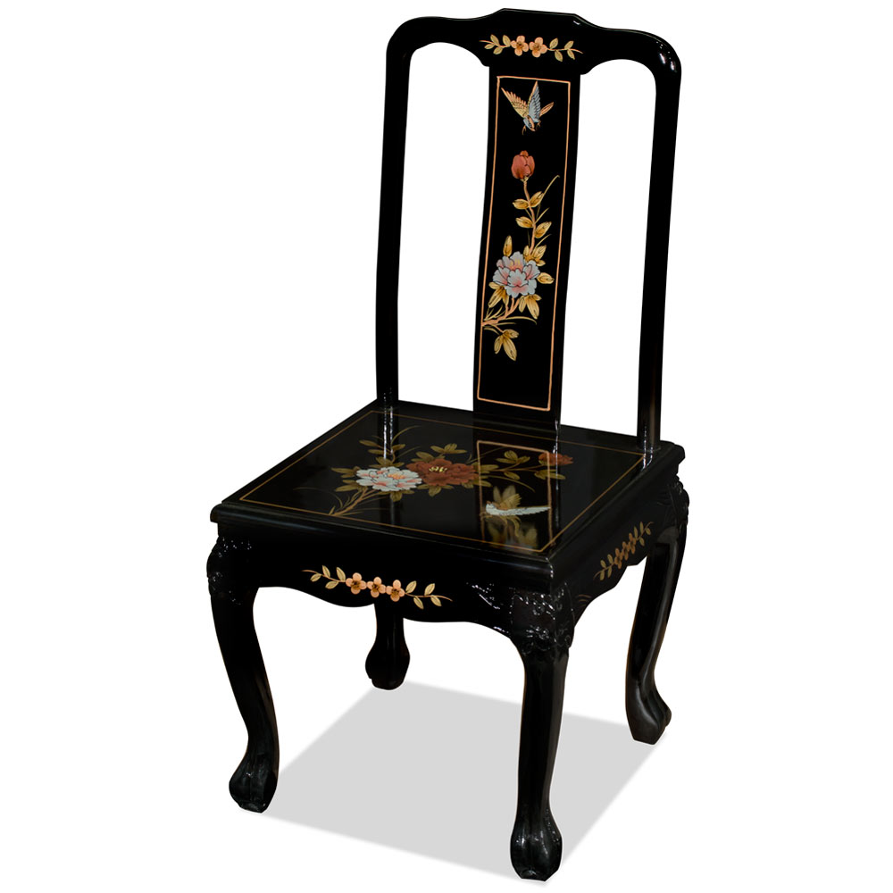 Black Queen Anne Peony Motif Oriental Accent Chair