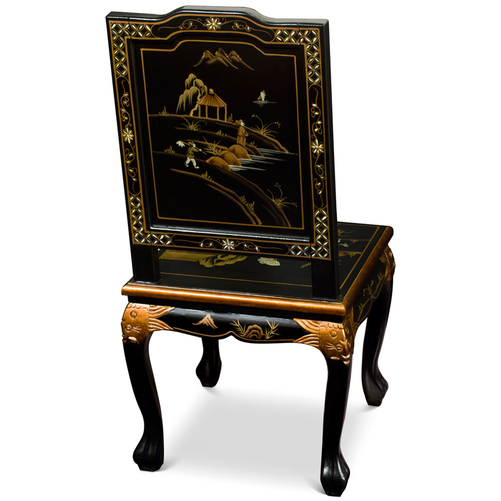 Black Queen Anne Chinoiserie Scenery Motif Oriental Accent Chair