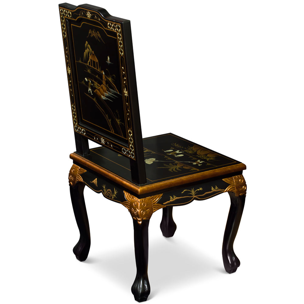 Black Queen Anne Chinoiserie Scenery Motif Oriental Accent Chair