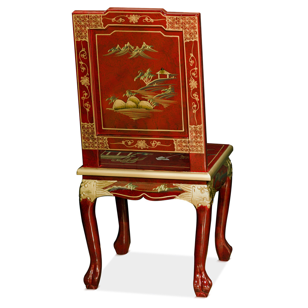 Red Queen Anne Chinoiserie Scenery Motif Oriental Accent Chair
