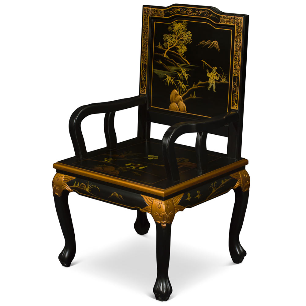 Black Queen Anne Chinoiserie Scenery Motif Oriental Arm Chair