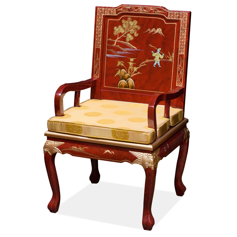 Red Queen Anne Chinoiserie Scenery Oriental Arm Chair