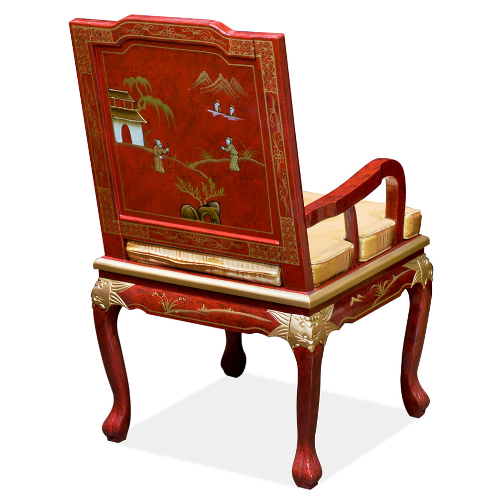 Red Queen Anne Chinoiserie Scenery Oriental Arm Chair