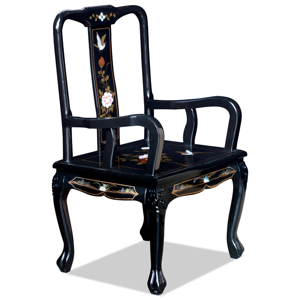 Black Lacquer Queen Ann Mother of Pearl Motif Oriental Arm Chair