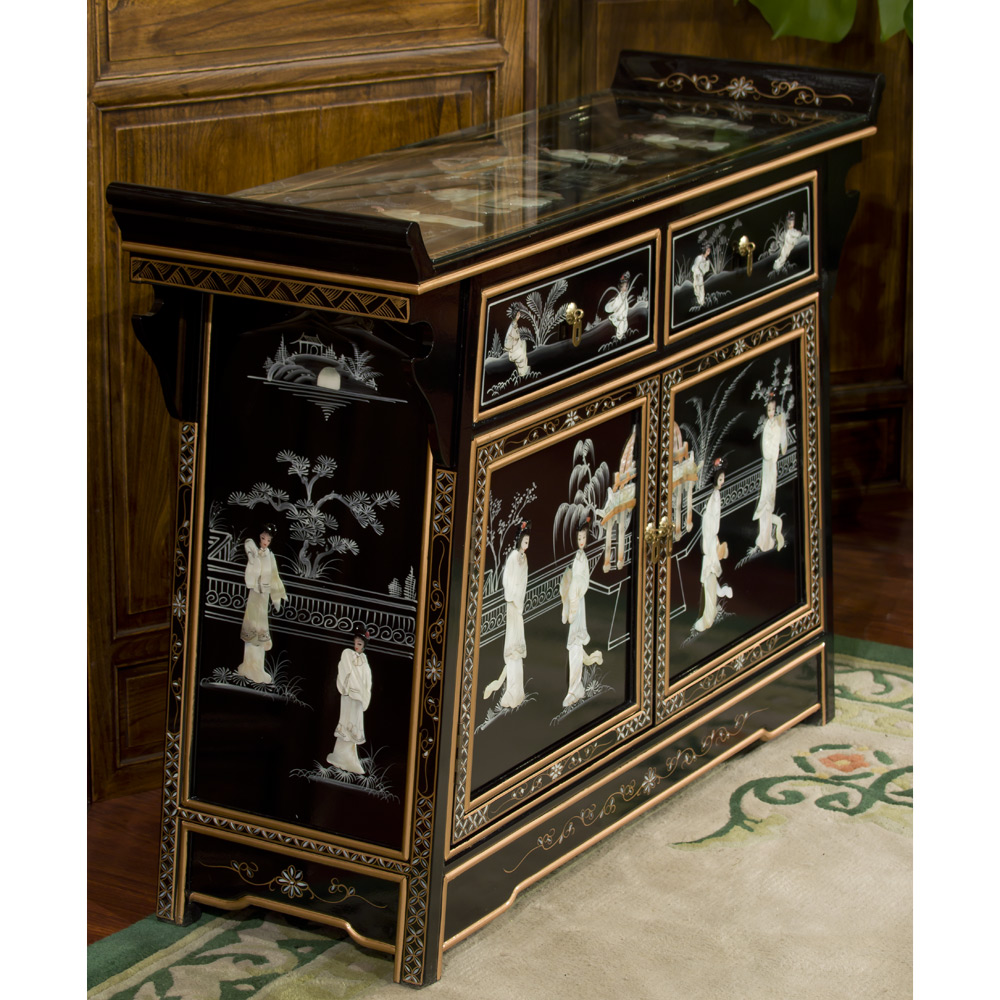 Black Lacquer Mother of Pearl Motif Oriental Altar Style Cabinet