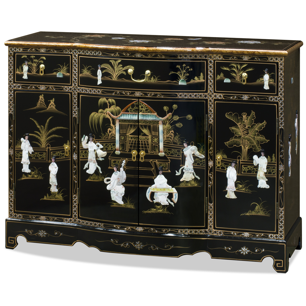 Oriental/Chinese Furniture Black Lacquer Cabinet with Mother of Pearl 