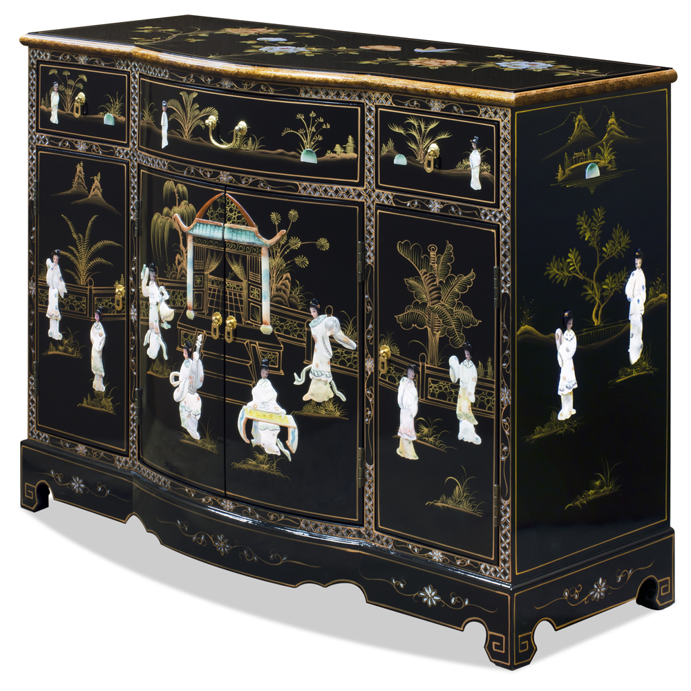 Black Lacquer Mother of Pearl Oriental Accent Cabinet