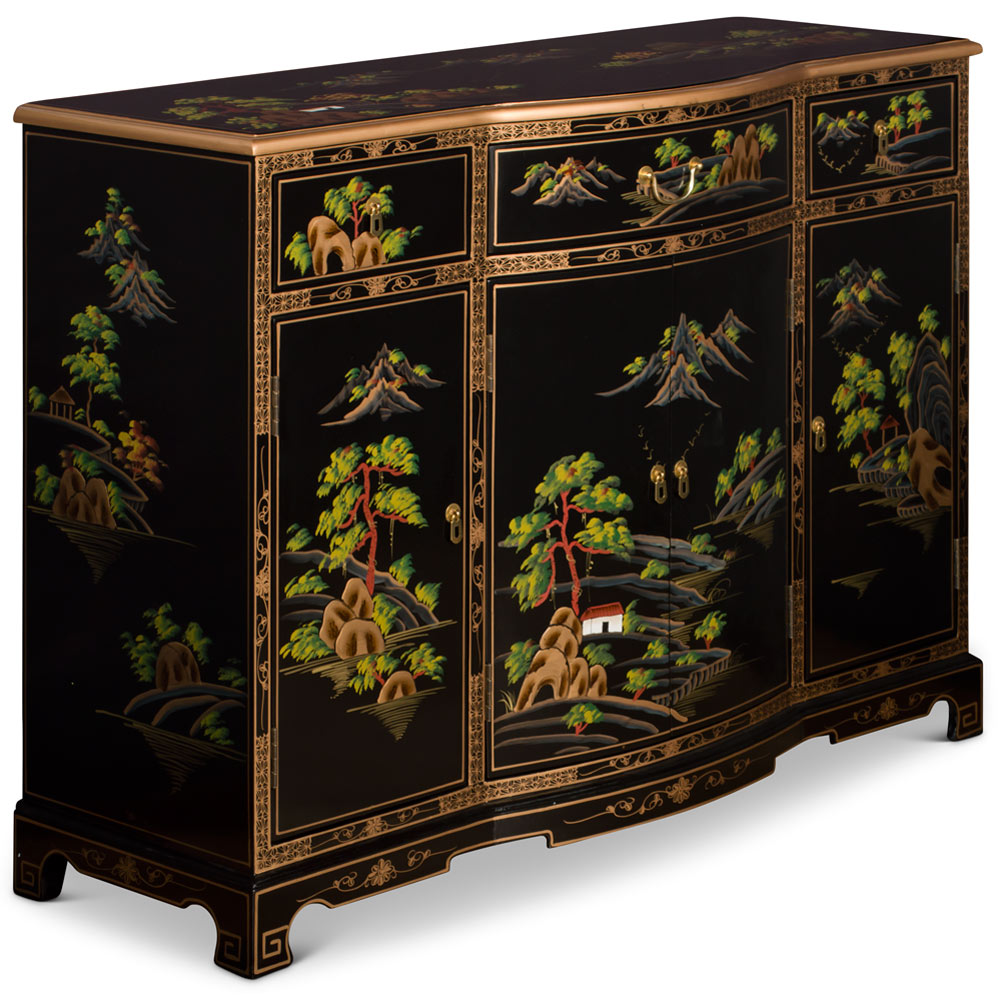 Black Lacquer Chinoiserie Scenery Motif Oriental Hall Cabinet