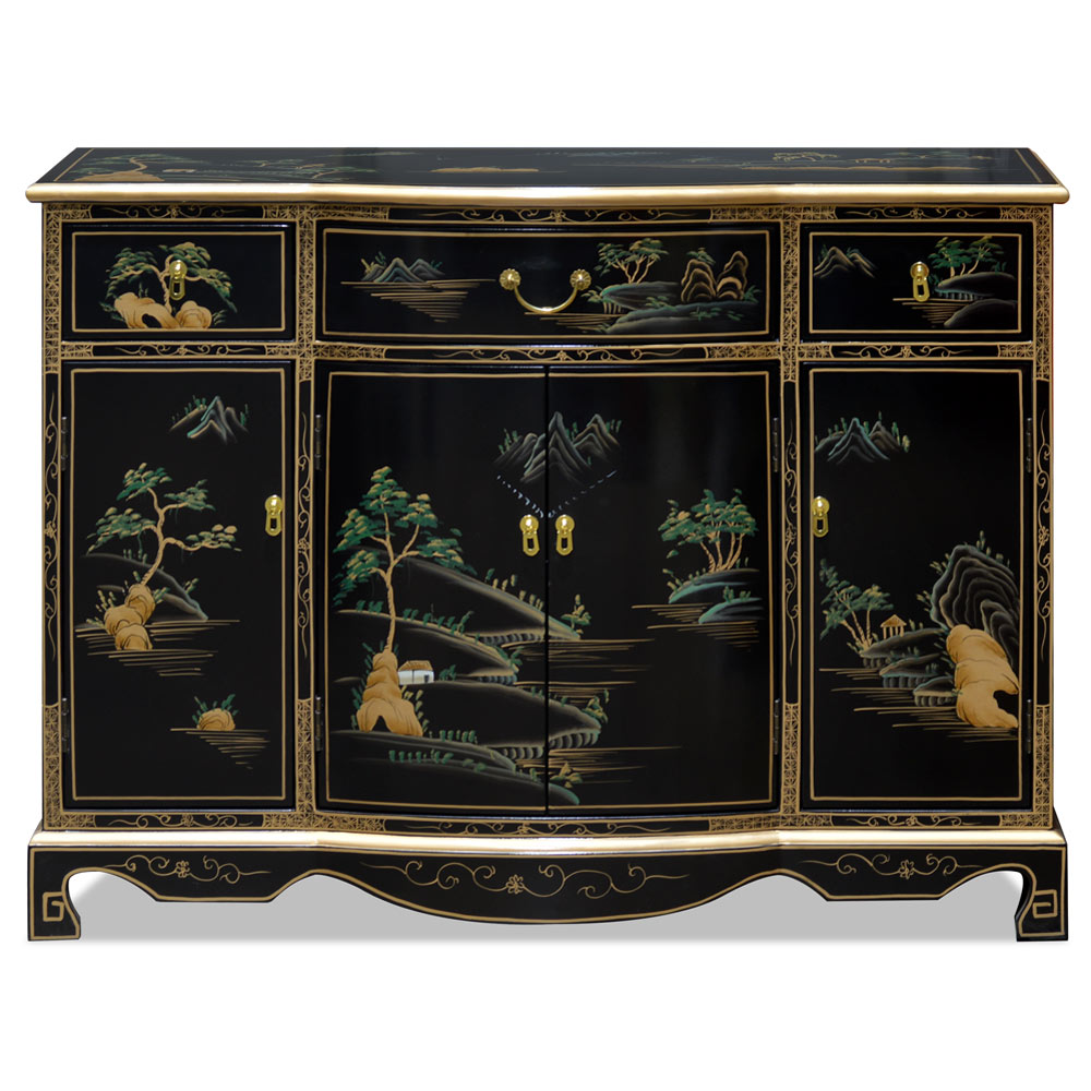 Black Lacquer Chinoiserie Scenery Motif Oriental Hall Cabinet