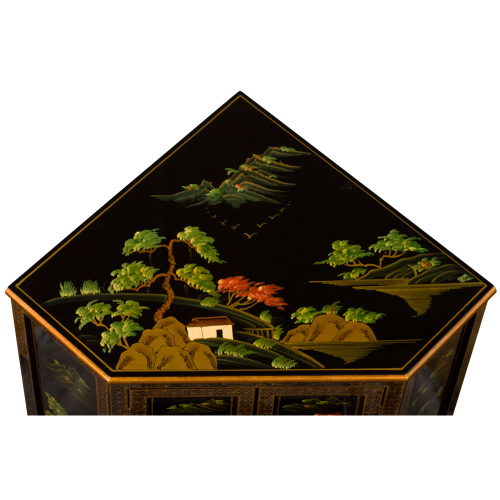 Black Lacquer Chinoiserie Landscape Oriental Corner Cabinet