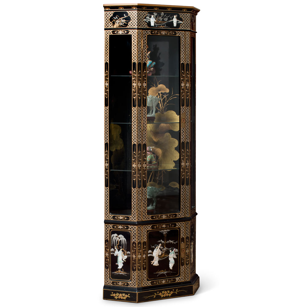 Black Lacquer Mother of Pearl Ladies Motif Chinese Corner Display Cabinet