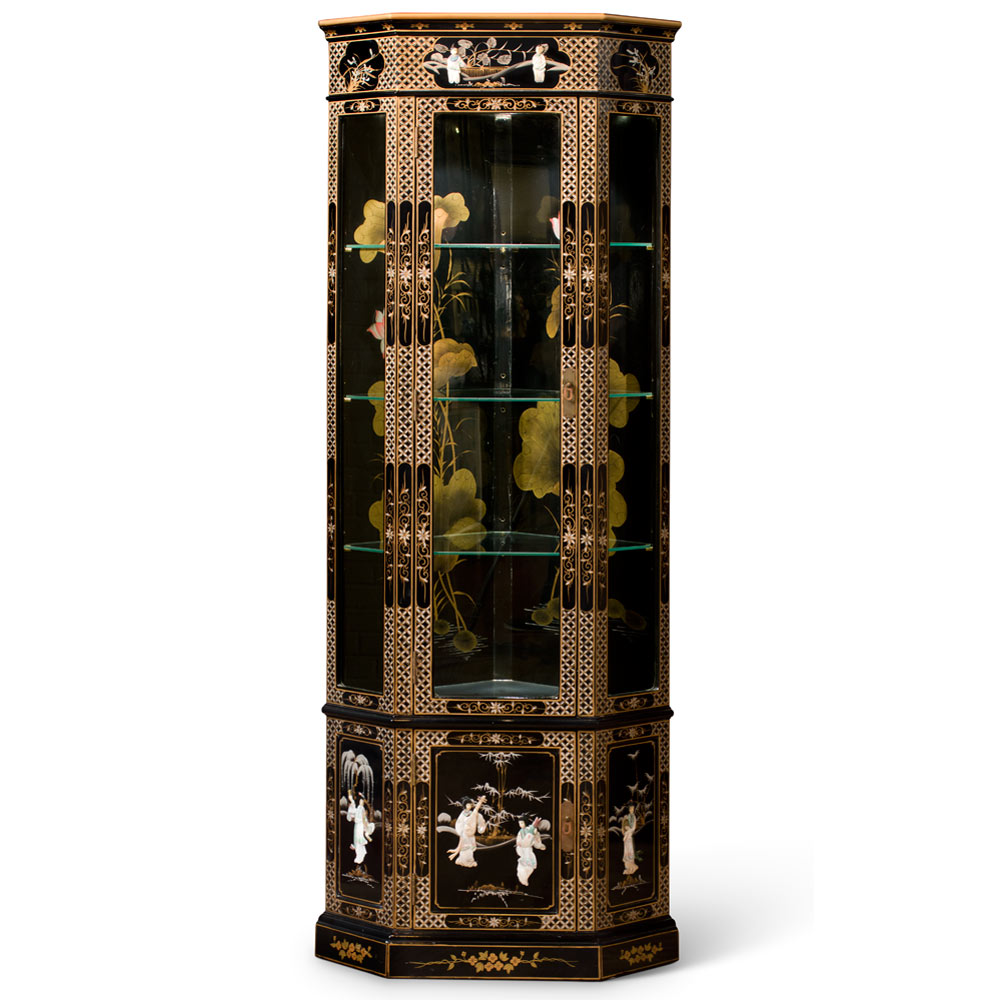 Black Lacquer Mother of Pearl Ladies Motif Chinese Corner Display Cabinet