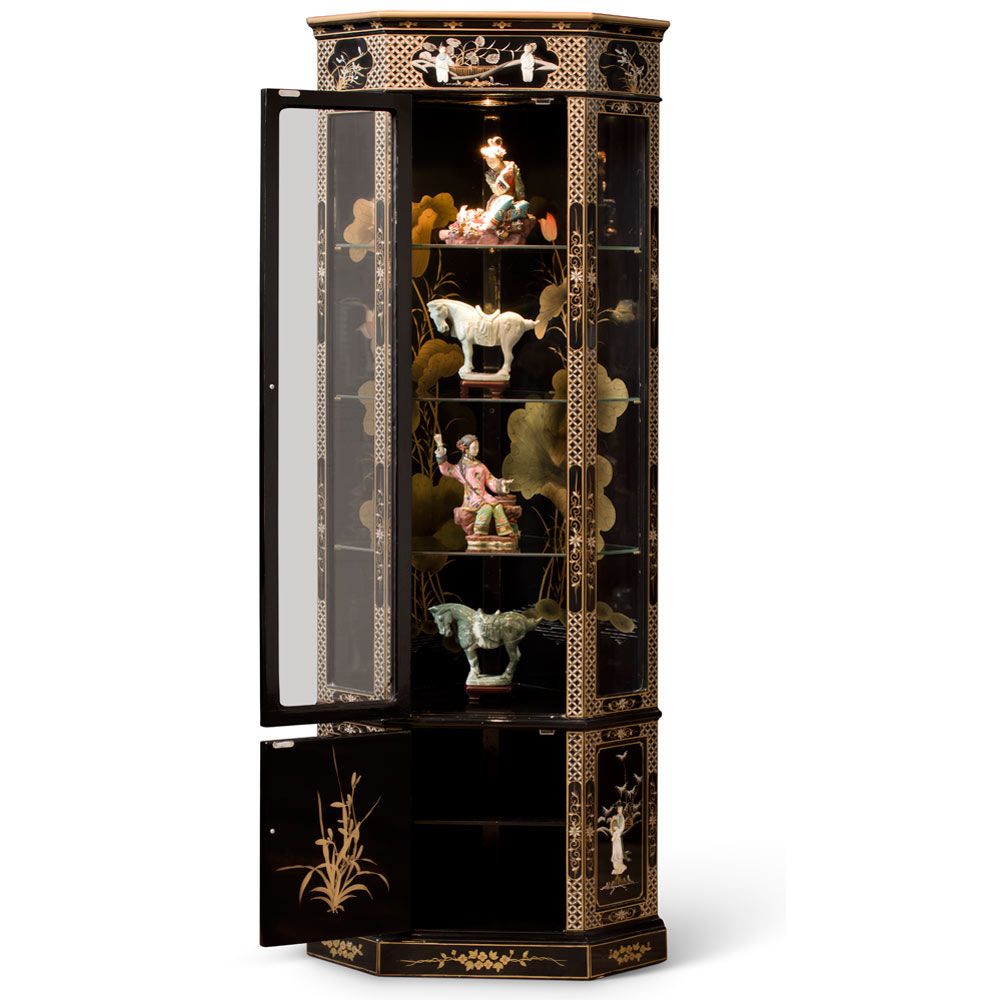 Black Lacquer Mother of Pearl Ladies Motif Chinese Corner Display Cabinet