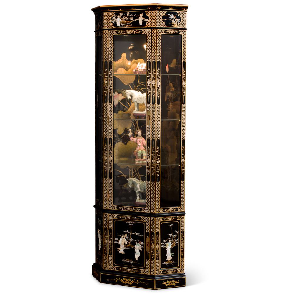Black Lacquer Mother of Pearl Ladies Motif Chinese Corner Display Cabinet