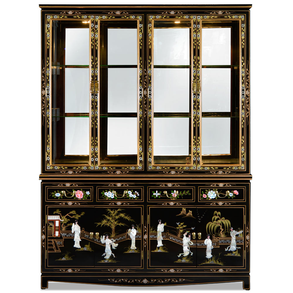 Black Lacquer Oriental China Cabinet with Mother of Pearl Maidens
