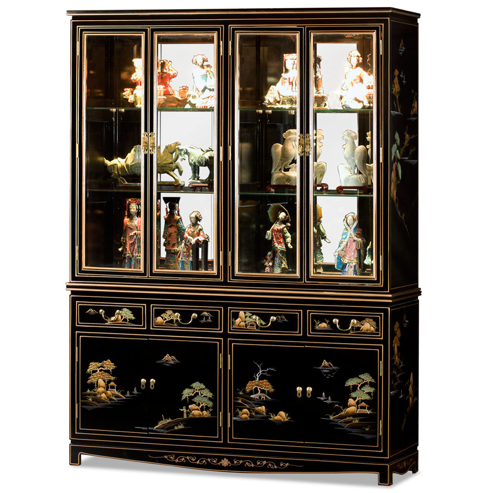 60in Black Lacquer Chinoiserie Oriental China Cabinet