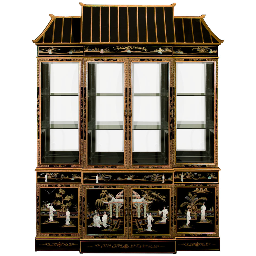 Black Lacquer Mother of Pearl Pagoda Asian China Cabinet