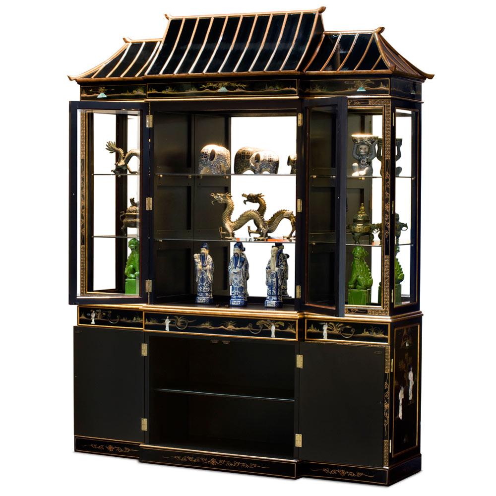 Black Lacquer Mother of Pearl Pagoda Oriental China Cabinet - with FREE Inside Delivery