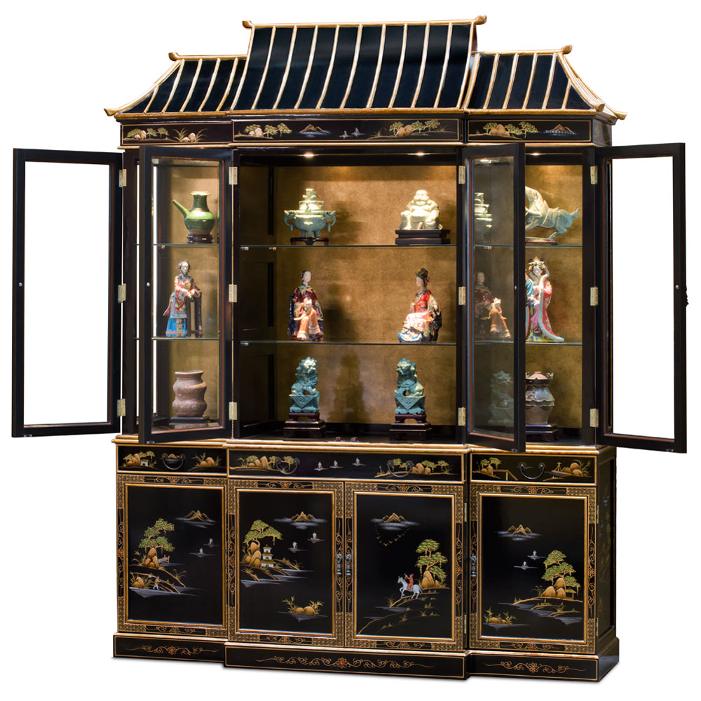72in Black Lacquer Chinoiserie Pagoda Oriental China Cabinet