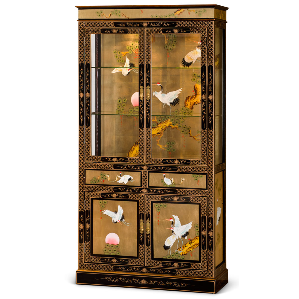 Hand Painted Gold Leaf  Crane Motif Asian China Cabinet
