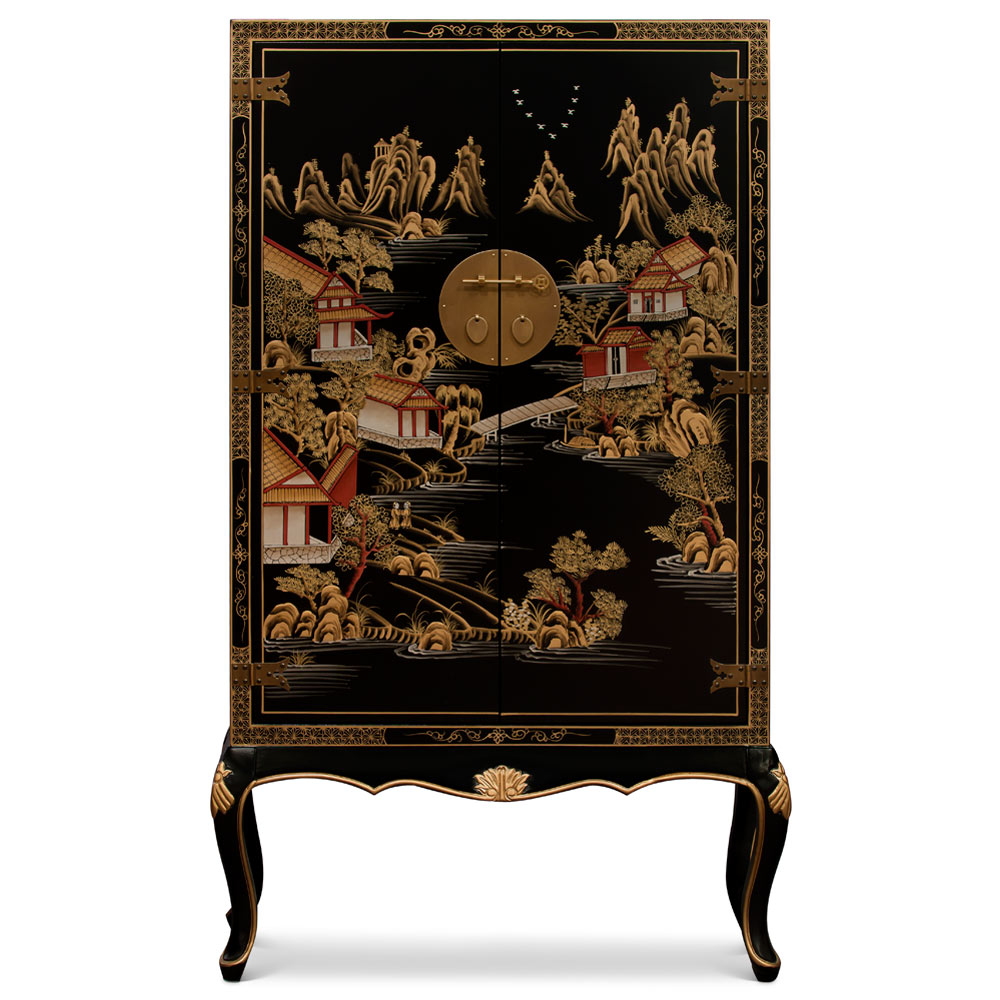 Black Victorian Style Chinoiserie Chinese Scenery Motif Armorire
