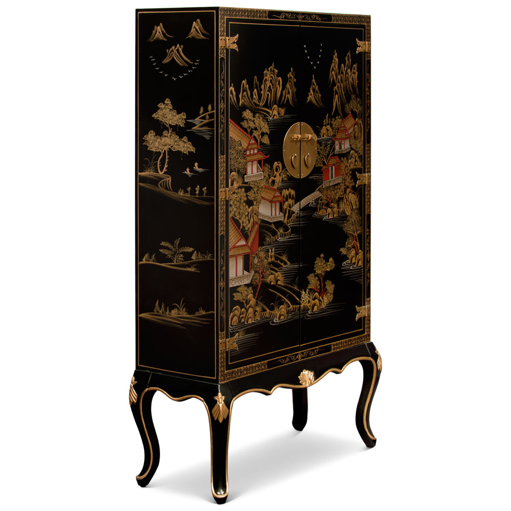 Black Victorian Style Chinoiserie Chinese Scenery Motif Armorire