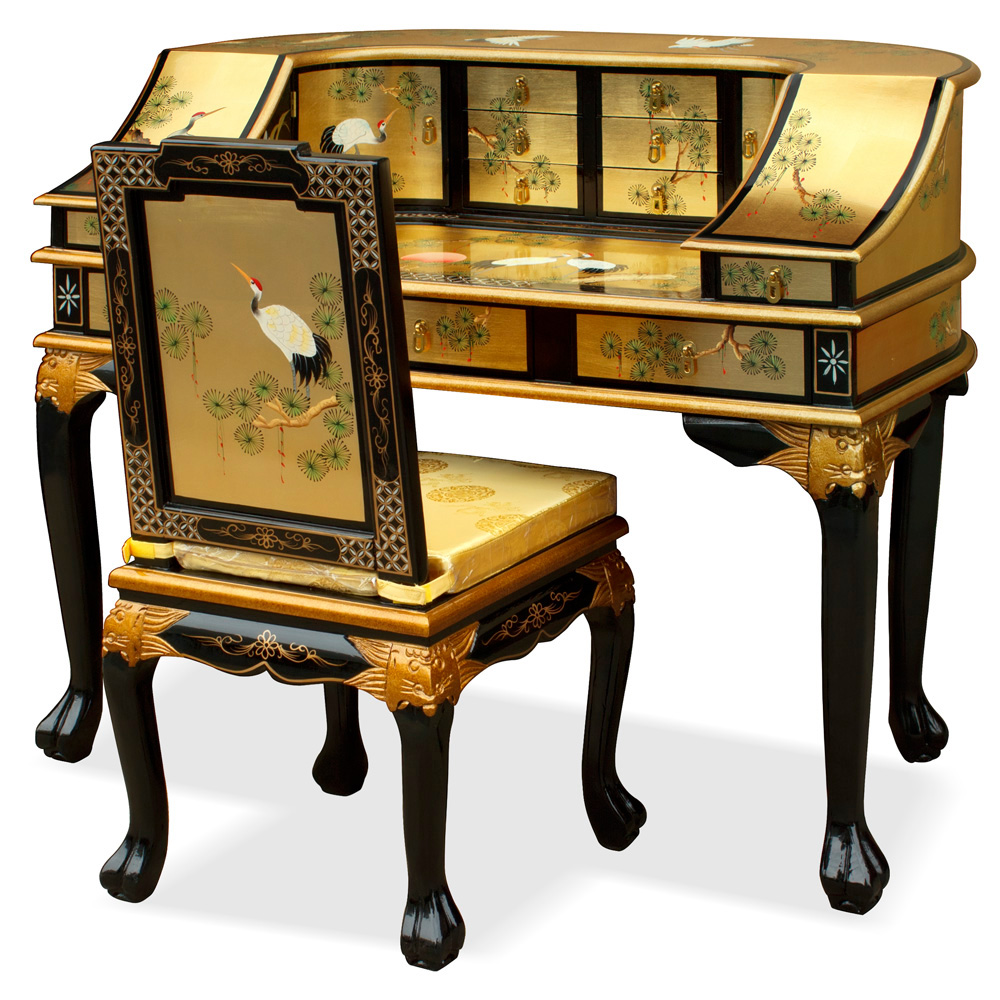 Gold Leaf Crane Harpsichord Style Oriental Desk Set