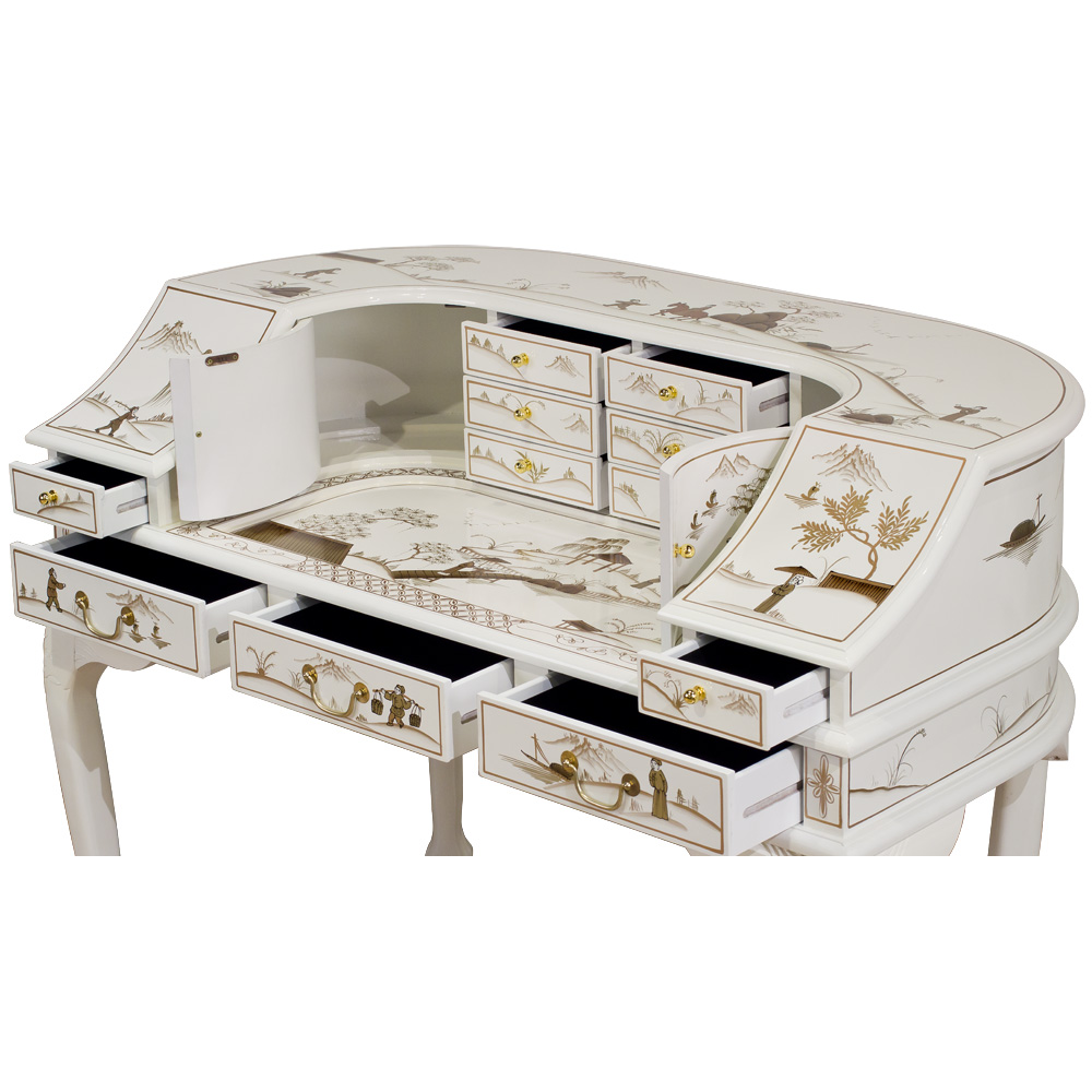 White Lacquer Chinoiserie Harpsichord Style Oriental Desk Set