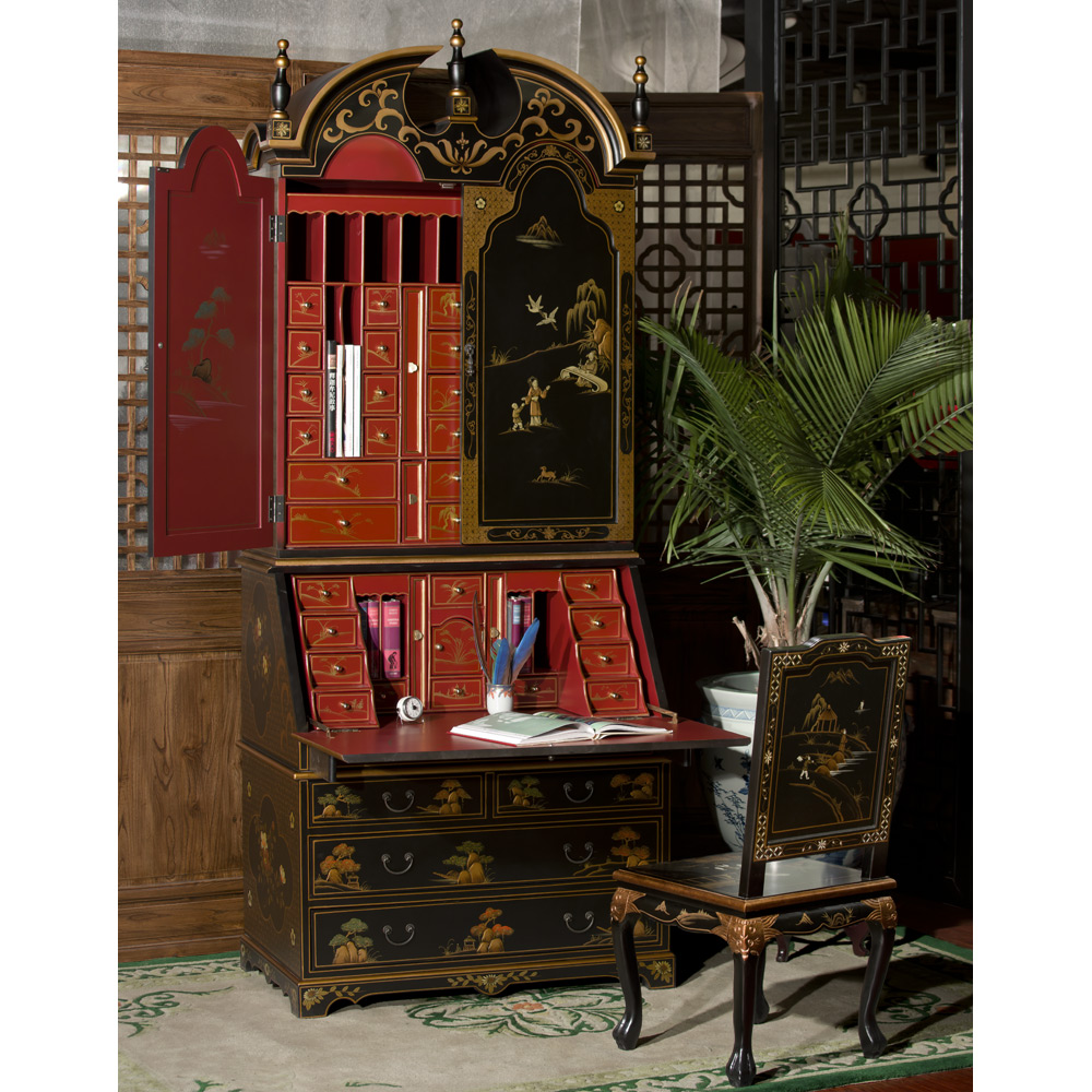 Chinoiserie Scenery French Motif Oriental Secretary Desk - with FREE Inside Delivery
