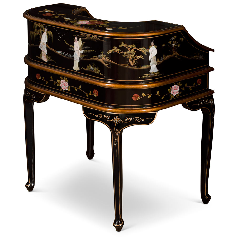 Black Lacquer Mother of Pearl Motif Harpsichord Style Oriental Desk