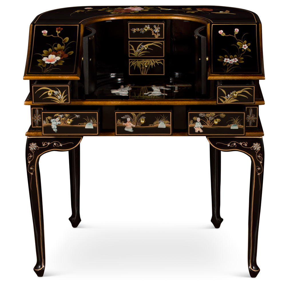 Black Lacquer Mother of Pearl Motif Harpsichord Style Oriental Desk