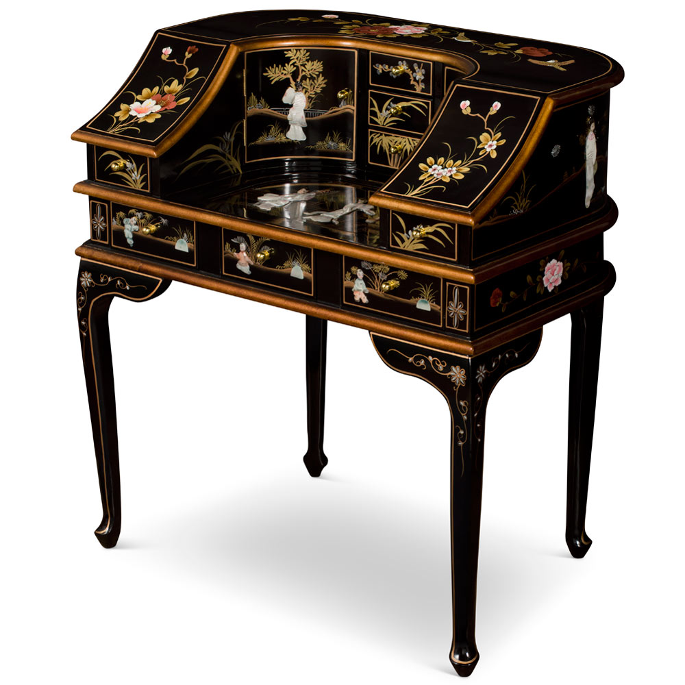 Black Lacquer Mother of Pearl Motif Harpsichord Style Oriental Desk