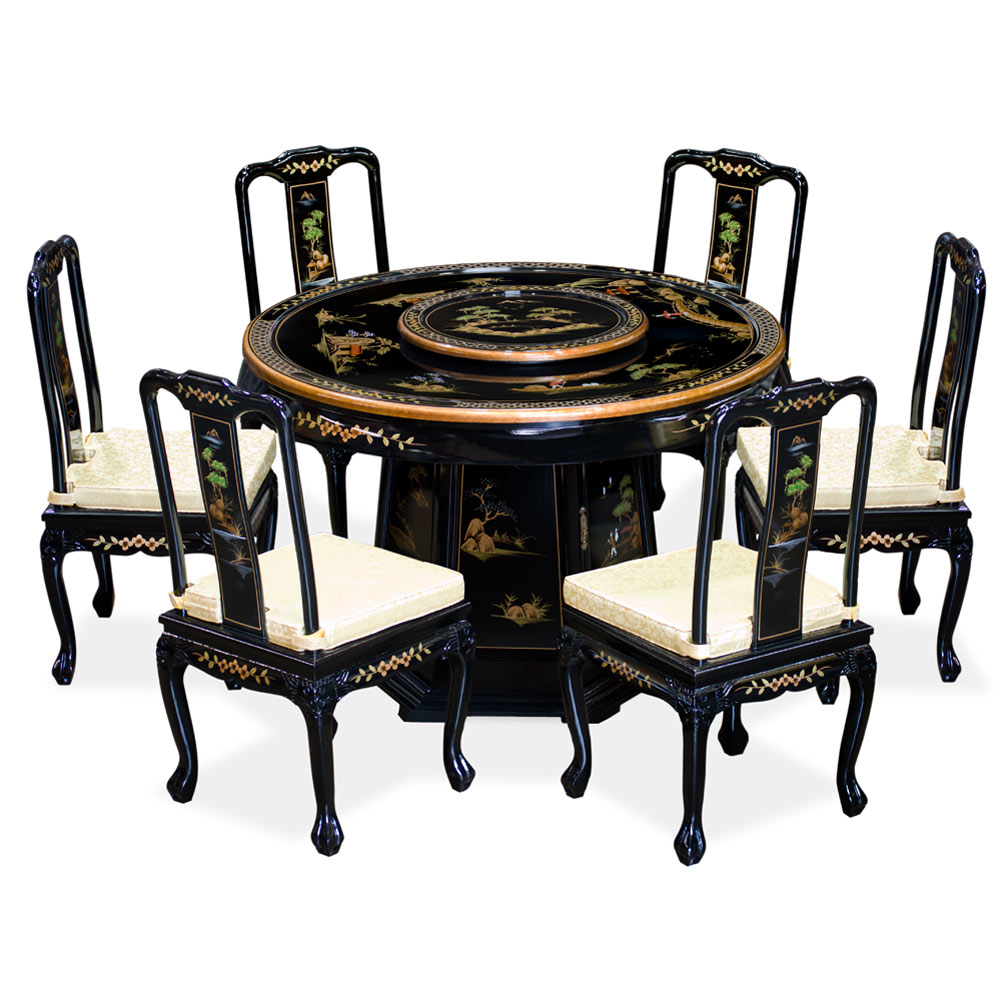 Black Lacquer Chinoiserie Round Oriental Dining Set with 6 Chairs