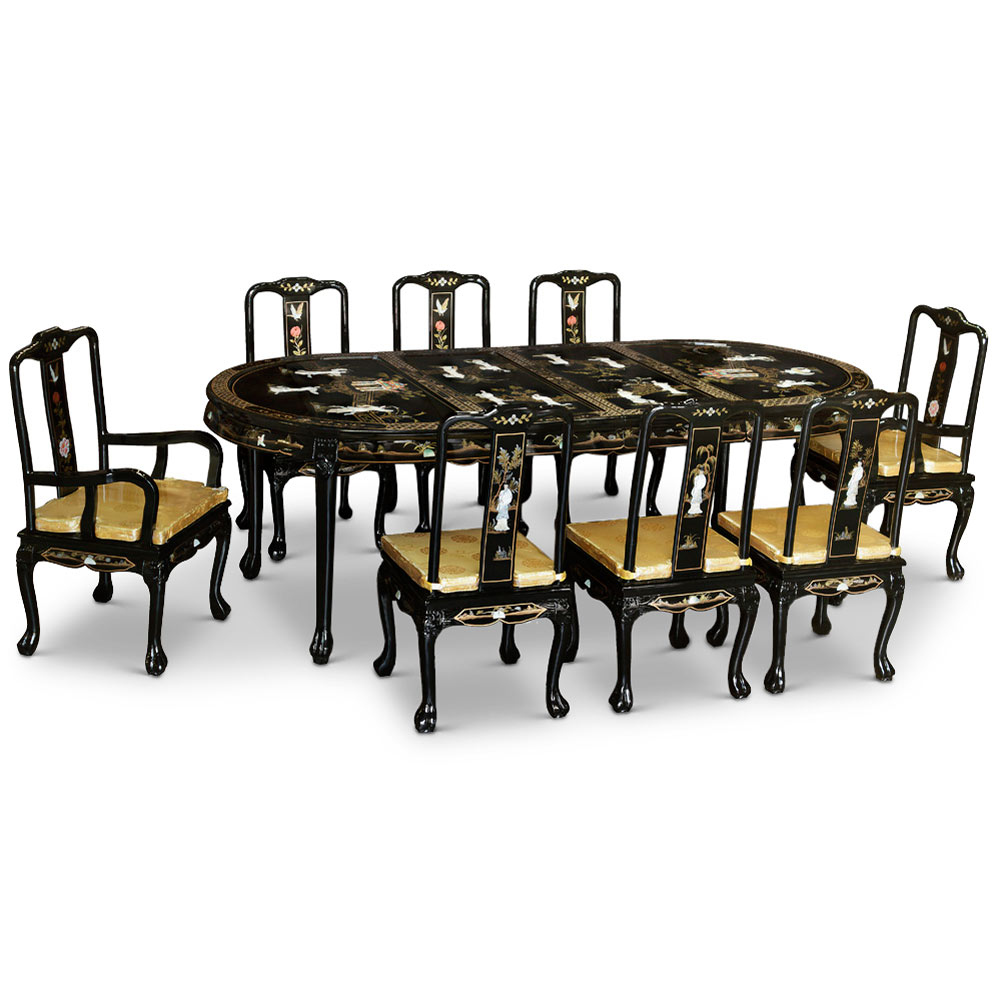 Black Lacquer Mother of Pearl Oval Oriental Dining Set with 8 Chairs