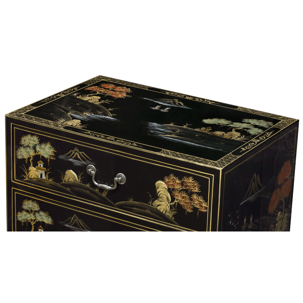 Black Lacquer Chinoiserie Scenery Motif Oriental Chest