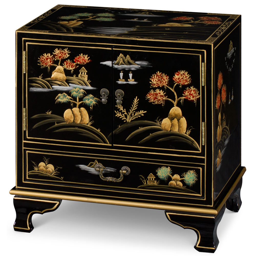 Black Chinoiserie Scenery Motif Oriental Accent Cabinet