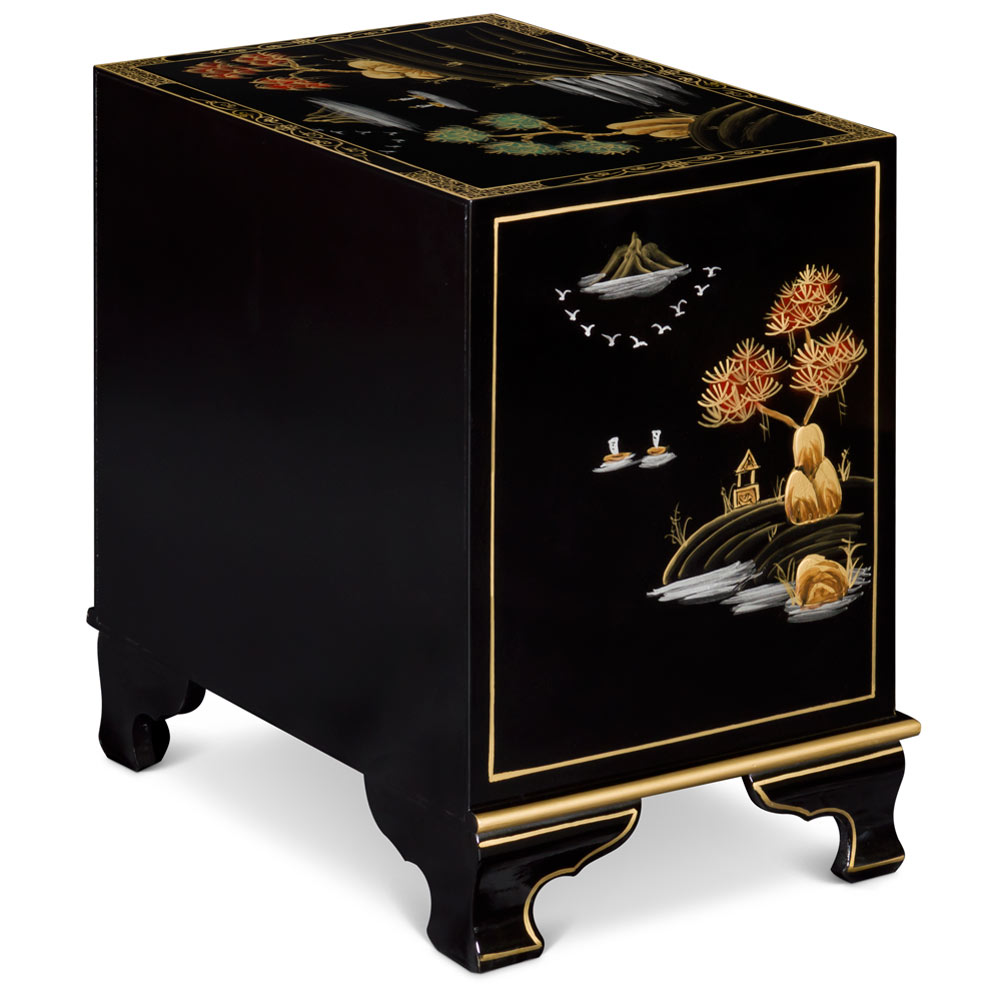 Black Chinoiserie Scenery Motif Oriental Accent Cabinet