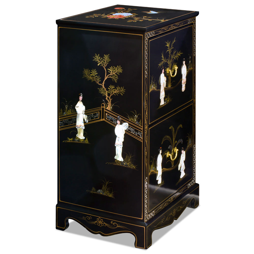 Black Lacquer Mother of Pearl 2 Drawer Oriental File Cabinet