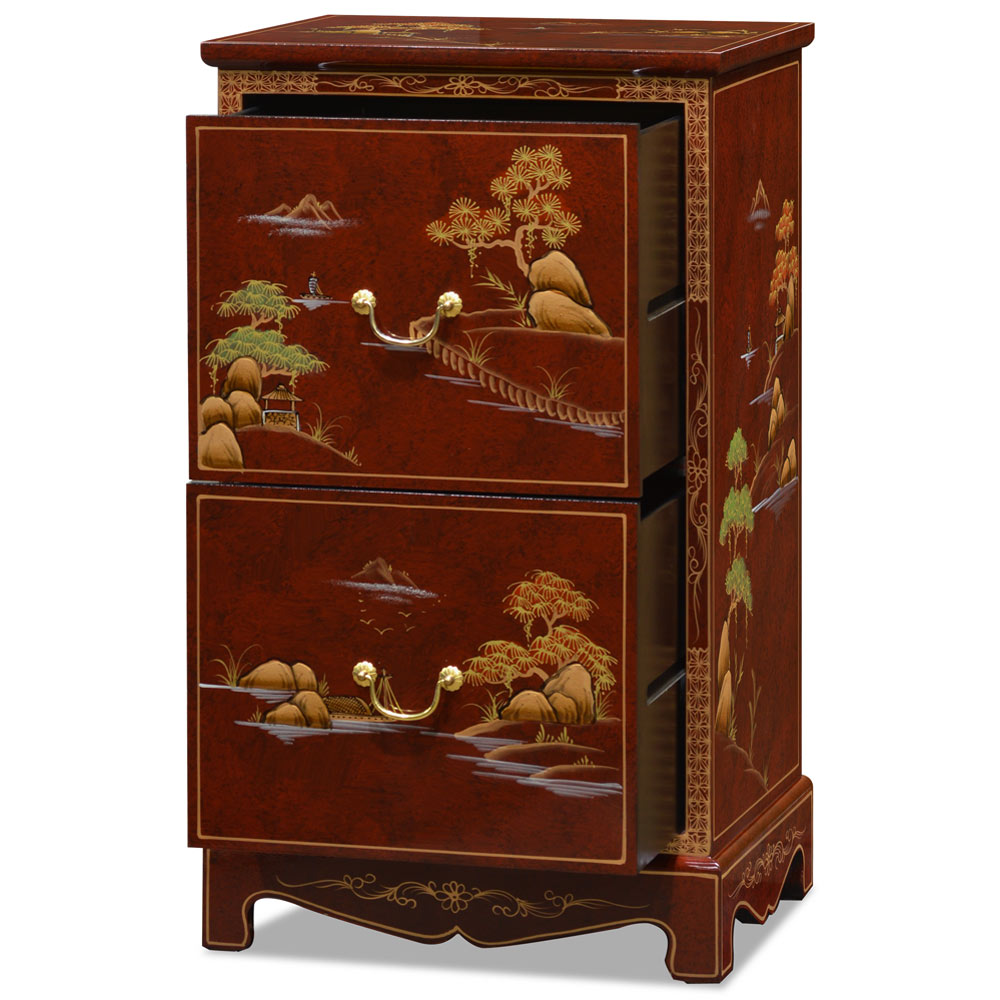 Red Lacquer Chinoiserie Scenery Motif 2 Drawer Oriental File Cabinet