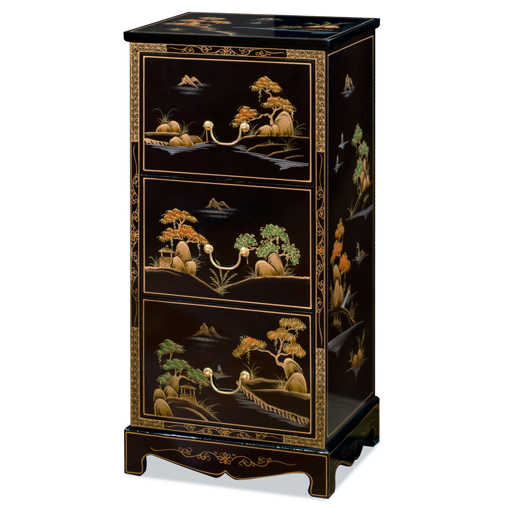 Black Lacquer Chinoiserie Scenery Motif 3 Drawer Oriental File Cabinet