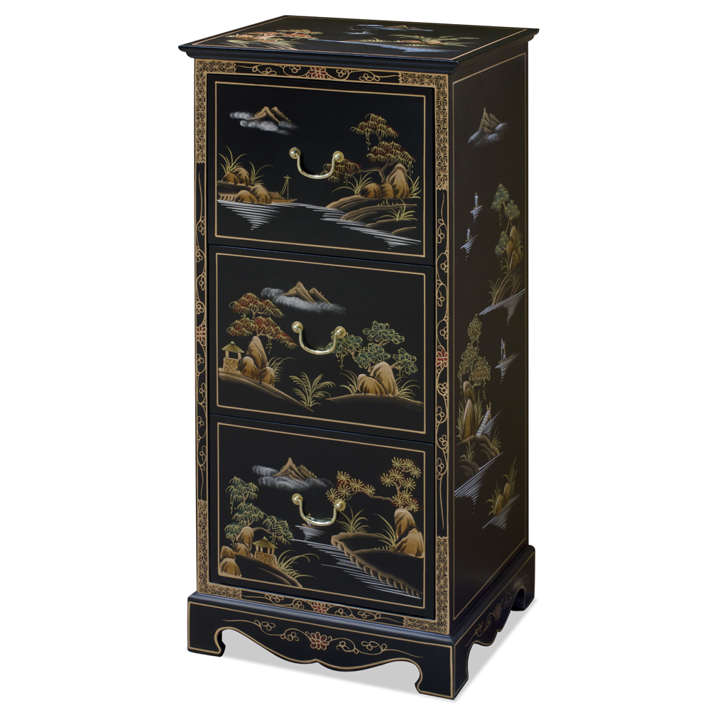 Chinoiserie Scenery Motif 3 Drawer Oriental File Cabinet