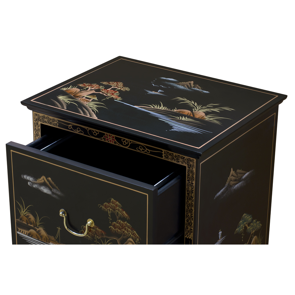 Chinoiserie Scenery Motif 3 Drawer Oriental File Cabinet